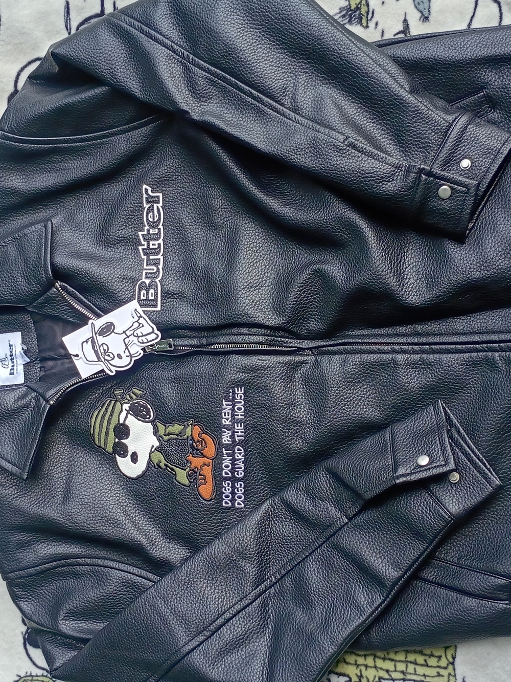 Butter Black Faux Leather Men’s Jacket with Embroidered Graphic Large